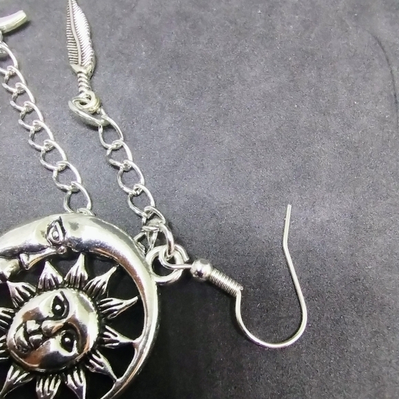 Handmade Silver Dangle Boho Celestial Sun and Moon Feather Chain Earrings - Picture 5 of 7